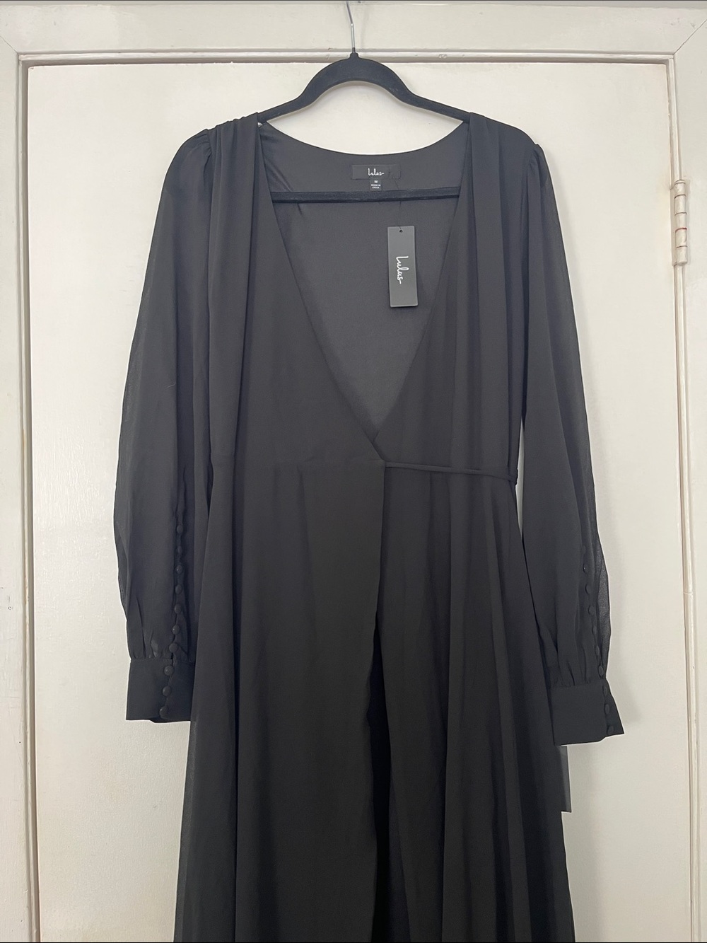 Lulu's Black Long Sleeve V-Neck Wrap Maxi Dress